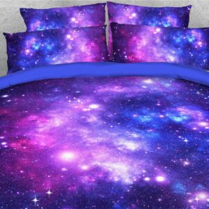 3D Purple Galaxy Duvet Cover Set 4-Piece Bedding Set Ultra Soft Comforter Cover with Zipper Closure and Corner Ties 2 Pillowcases 1 Flat Sheet 1 Duvet Cover Microfiber