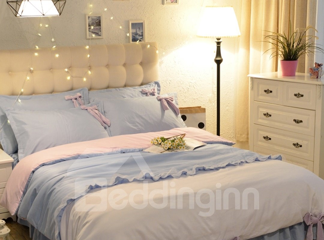 Blue And White Lace Decor Cotton Princess Style 4-Piece Bedding Sets/Duvet Cover - Image 3