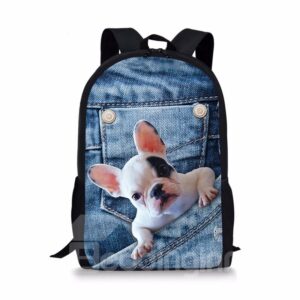 3D Bulldog Denim Printed Casual Style Polyester Outdoor Backpack