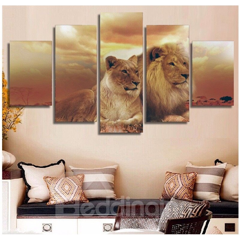 Brown Lions Hanging 5-Piece Canvas Eco-friendly and Waterproof Non-framed Prints
