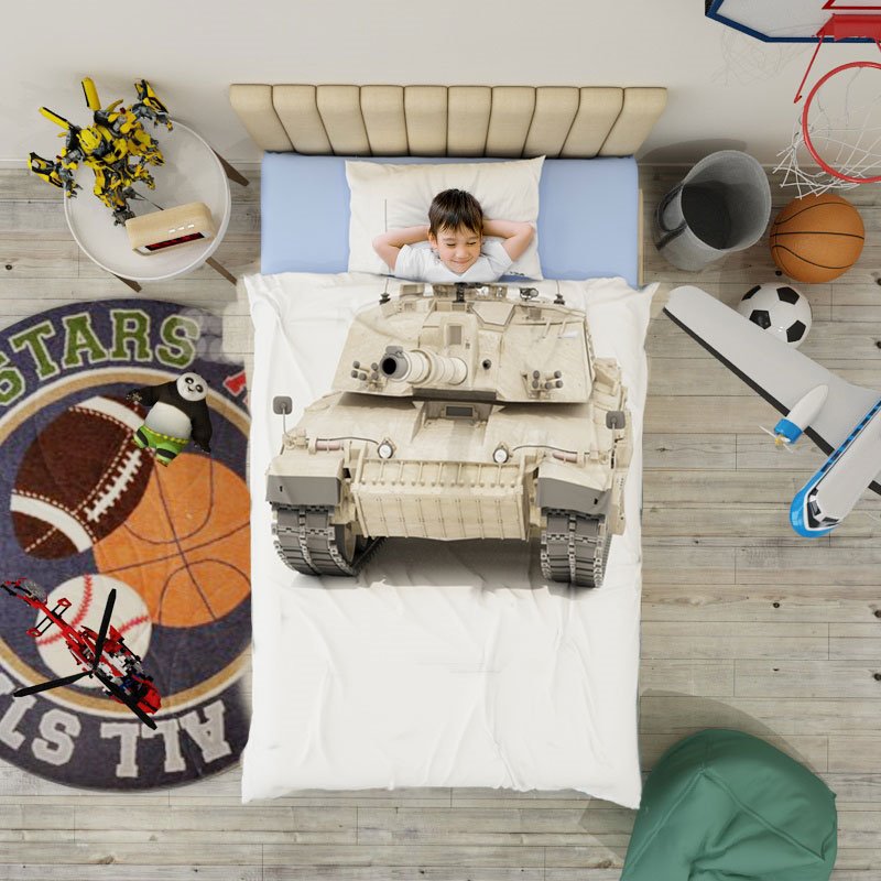 Tank Print 3D 4-Piece Duvet Cover Set Wear-resistant Breathable High Quality 60s Cotton Satin Boys Bedding - Image 2