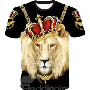 Super Cool Round Neck Lion King Pattern Black 3D Painted T-Shirt