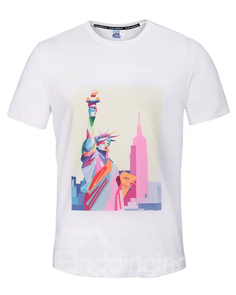 Cute Round Neck Statue of Liberty Pattern White 3D Painted T-Shirt - Image 2