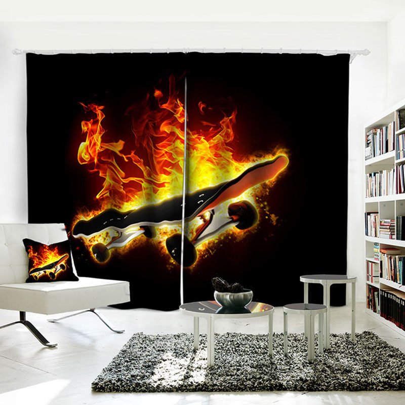 Blackout Curtains 3D Shading Cloth Skateboard with Flame Printed Water-proof and Dust-proof Custom Curtain for Living Room Bedroom Window Decoration - Image 2