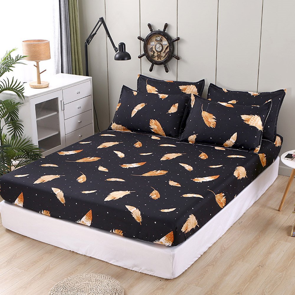 Modern Black Feather Fitted Sheet 1-Piece Non-Fade Breathable Soft Polyester Bed Cover Mattress Cover