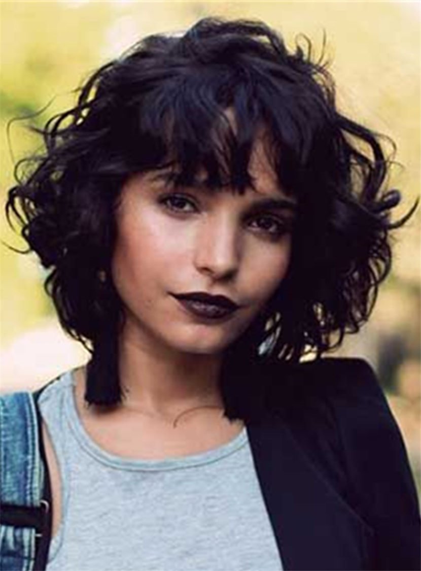 Messy Charming Bob Natural Black With Bangs Medium Layered Wave Synthetic Hair Capless Cap Wigs 12 Inches - Image 37