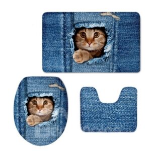 Blue Background with Cat Printed Flannel PVC Water Absorption Anti-slid Toilet Seat Covers