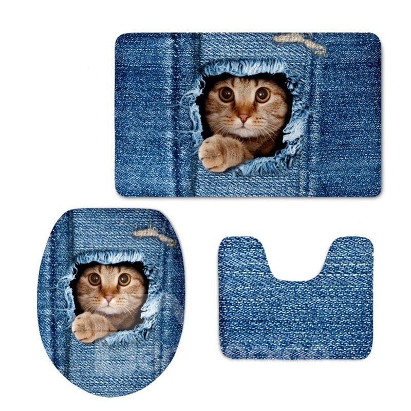 Blue Background with Cat Printed Flannel PVC Water Absorption Anti-slid Toilet Seat Covers