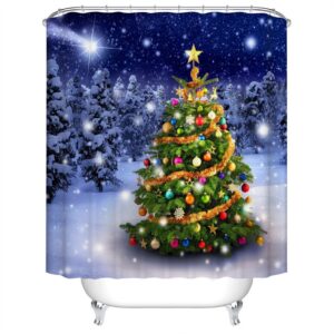 Christmas Tree 3D Shower Curtain Blue Bathroom Partition Curtain Durable Waterproof Mildew Proof Polyester
