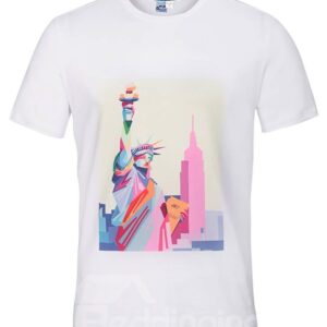 Cute Round Neck Statue of Liberty Pattern White 3D Painted T-Shirt