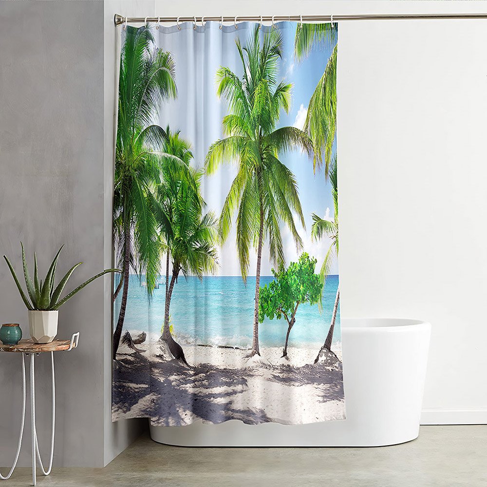 3D Printed Seaside Landscape Shower Curtain Palm Costal and Sea Bathroom Partition Curtain Durable Waterproof Mildew Proof Polyester - Image 3