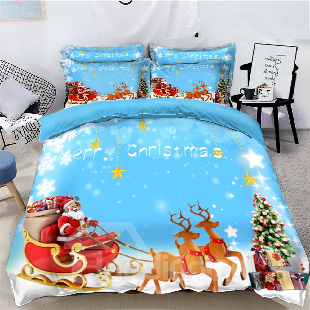 Reindeer Pull Santa's Sleigh Merry Christmas 4-Piece 3D Bedding Sets Duvet Covers Colorfast Wear-resistant Endurable Skin-friendly All-Season Ultra-soft Microfiber No-fading - Image 4