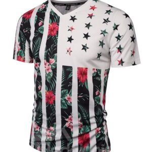 Pretty V Neck Floral Stripe Pattern 3D Painted T-Shirt