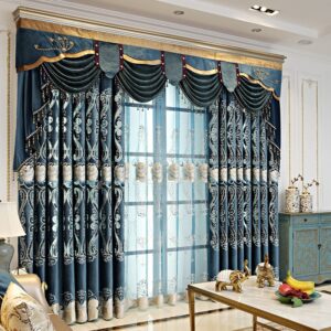 Luxury Blue Blackout Curtains Exquisite Floral Embroidery Window Curtains for Living Room Bedroom Custom Set of 2 Panels Drapes