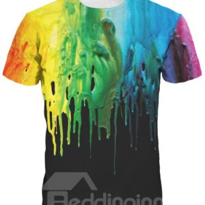 Colorful Liquid Falling Short Sleeve Round Neck 3D Painted T-Shirt