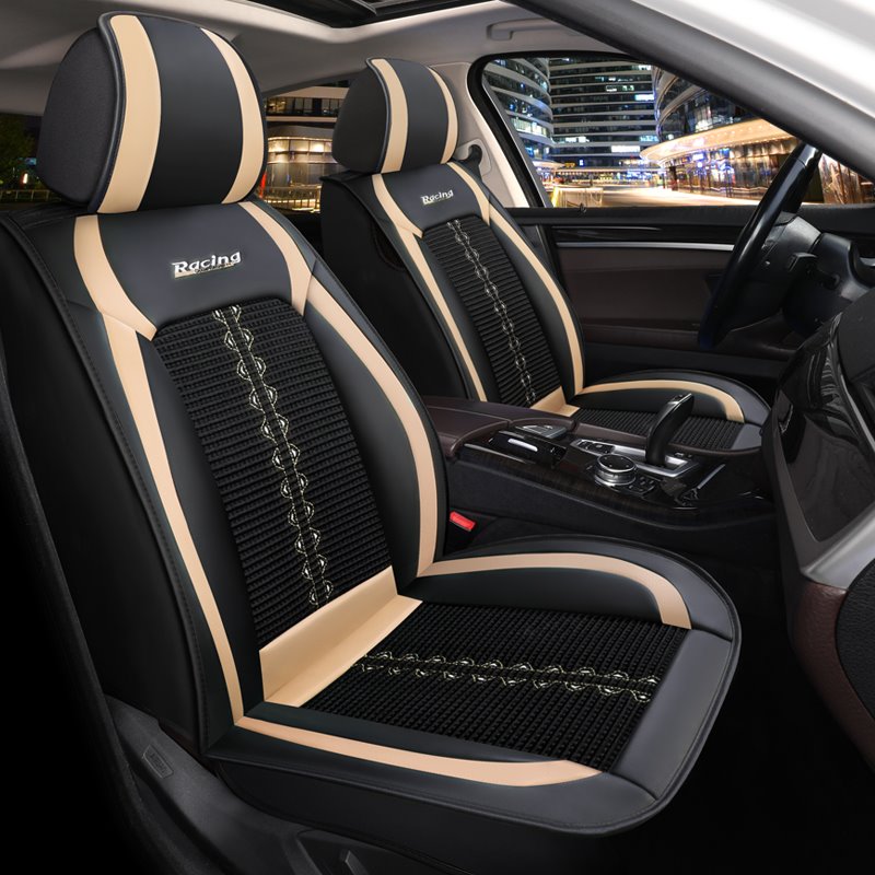 Car Seat Covers Full Coverage Soft Wear-resistant Durable Skin-friendly Man-made PU Leather & Ice Silk Breathable Material Front and Rear Split Bench Protection Airbag Compatible 5-seater Universal Fit Seat Covers for Sedan SUV Truck - Image 5