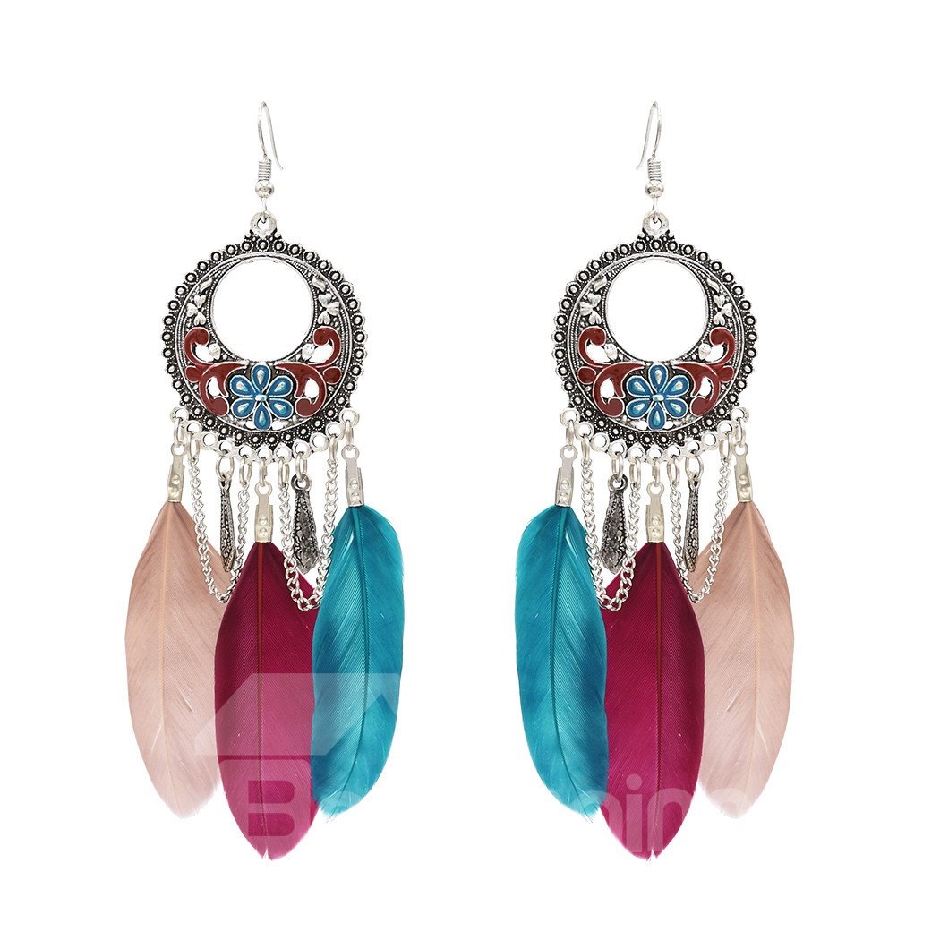 Ethnic Style Oil Drip Technic Alloy Female Feather Drop Earrings - Image 3