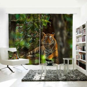 Lying Tiger 3D Curtains Window Treatments 3D Print Curtains Animal and Scenery for Living Room Bedroom Window Drapes 2 Panels Set Home Decorations