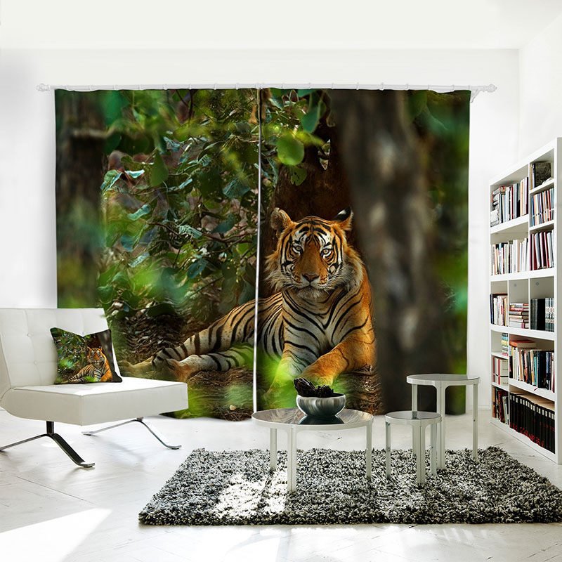 Lying Tiger 3D Curtains Window Treatments 3D Print Curtains Animal and Scenery for Living Room Bedroom Window Drapes 2 Panels Set Home Decorations