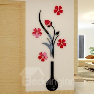 Black Vase and Red Flowers Acrylic 3D Wall Stickers