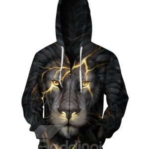3D Lion with Gold Light Pattern Men Sweater Long Sleeve Cool Hoodies