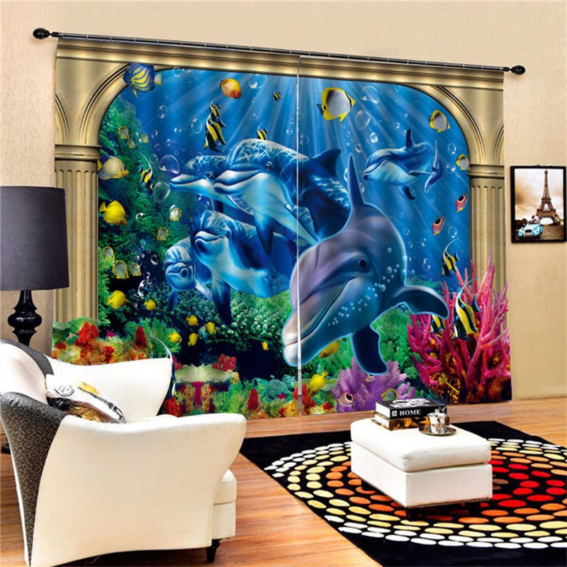 Sea World Dolphin 3D Blackout Curtains Grommet Curtains Insulated Room Living Room Bedroom Decoration Curtains Set of 2 Panels - Image 2