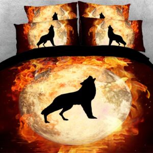 5 PCS Wolf Flame 3D Comforter Set/Bedding Set Ultra Soft with Zipper Closure and Corner Ties 2 Pillowcases 1 Flat Sheet 1 Duvet Cover 1 Comforter High-Quality Microfiber