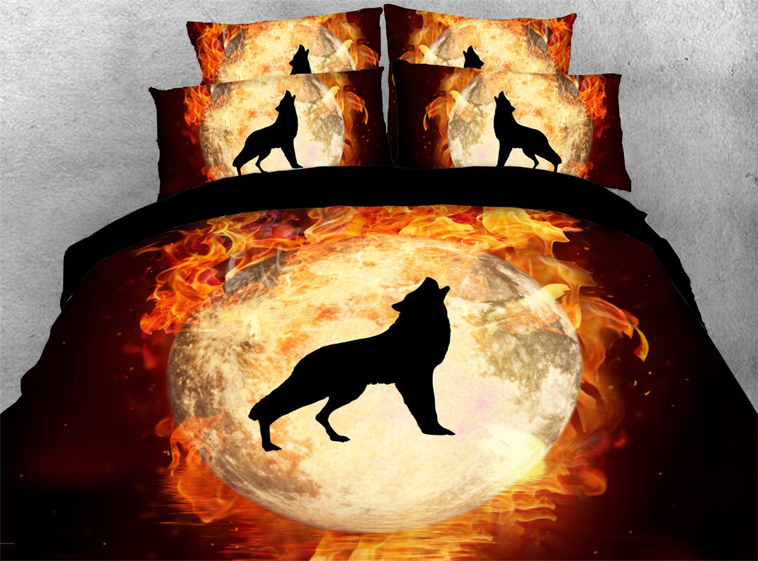 5 PCS Wolf Flame 3D Comforter Set/Bedding Set Ultra Soft with Zipper Closure and Corner Ties 2 Pillowcases 1 Flat Sheet 1 Duvet Cover 1 Comforter High-Quality Microfiber