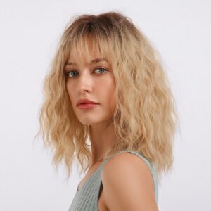 Water Wave Women Capless Synthetic Hair 130% 18 Inches Wigs Heat Resistant Natural Looking Daily Party Wigs Cosplay Wigs with Natural Bangs with Free Wig Cap