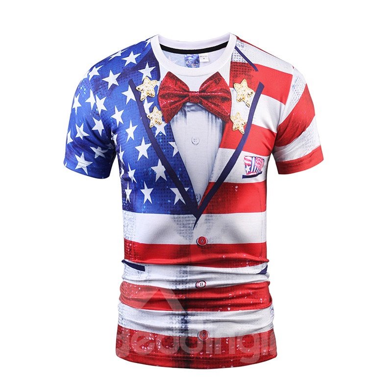 Short Sleeve Flag And Bow Tie Unisex Crewneck 3D Pattern T-Shirt - Image 2