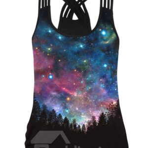 Galaxy Night Forest Mystery 3D Pattern Round Neck Sleeveless Tank Top