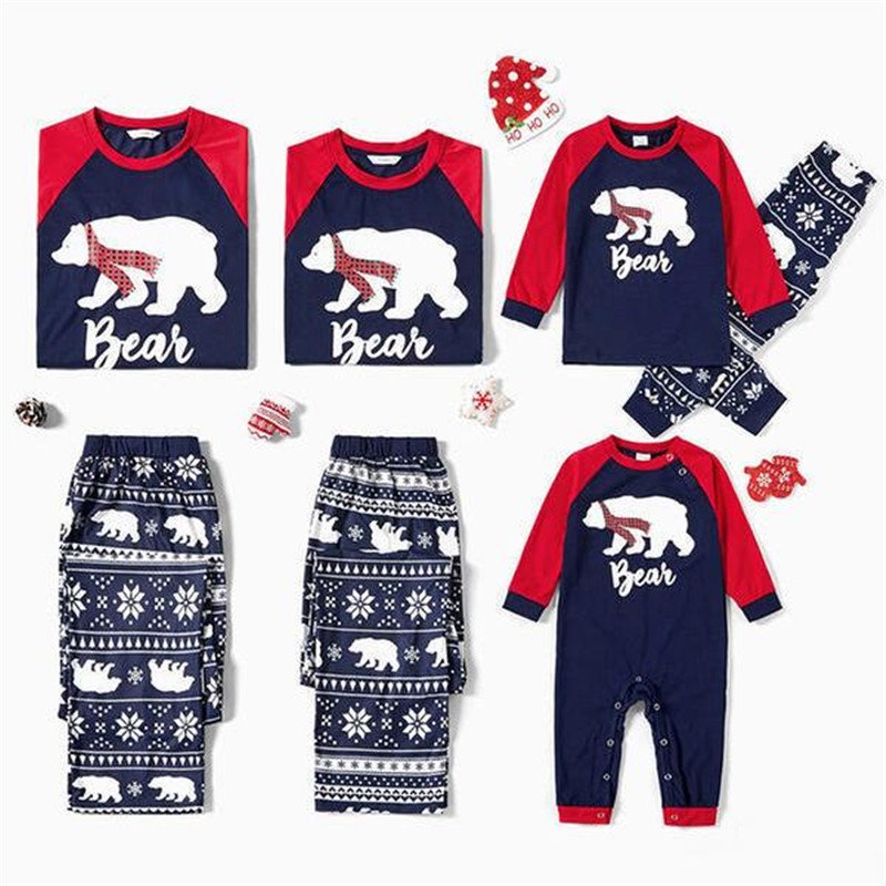 Red Blue Bear Letter Printing Parent-child Suit Pajamas Family Outfit Suit Long Sleeve Top Trousers - Image 5