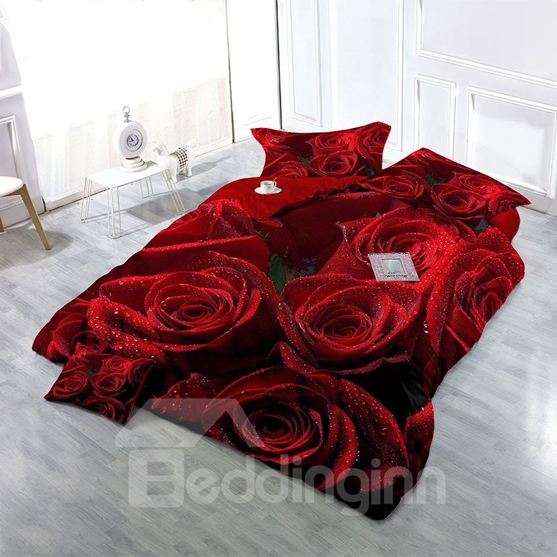 Passionate Roses Wear-resistant Breathable High Quality 60s Cotton 4-Piece 3D Bedding Sets