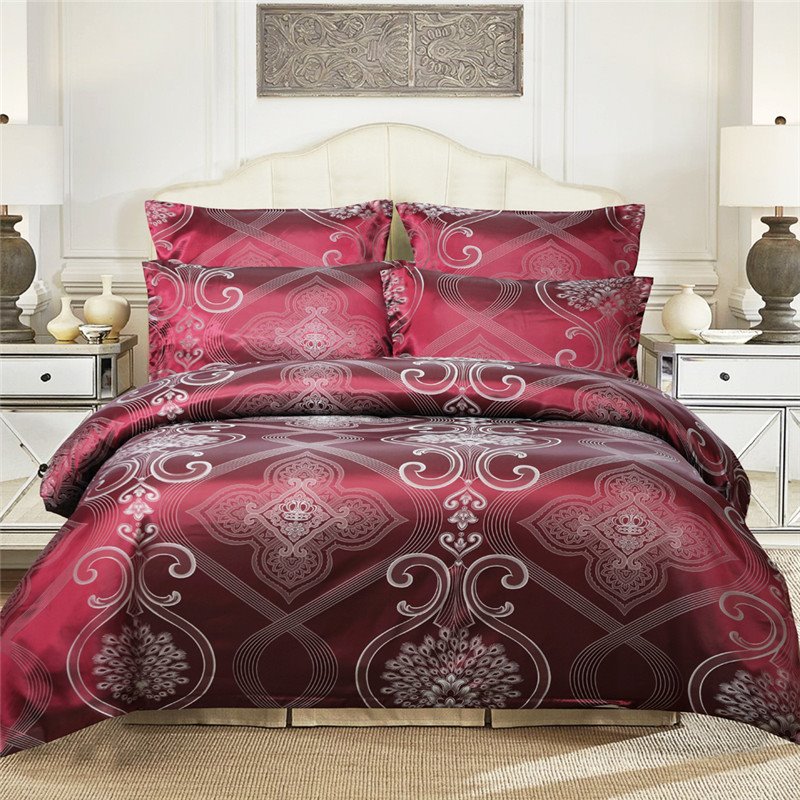 Silky Satin Jacquard 3-Piece Bedding Set Skin-friendly Polyester Duvet Cover Set 2 Pillowcases Twin Queen King Size Silver Blue Red - Image 5