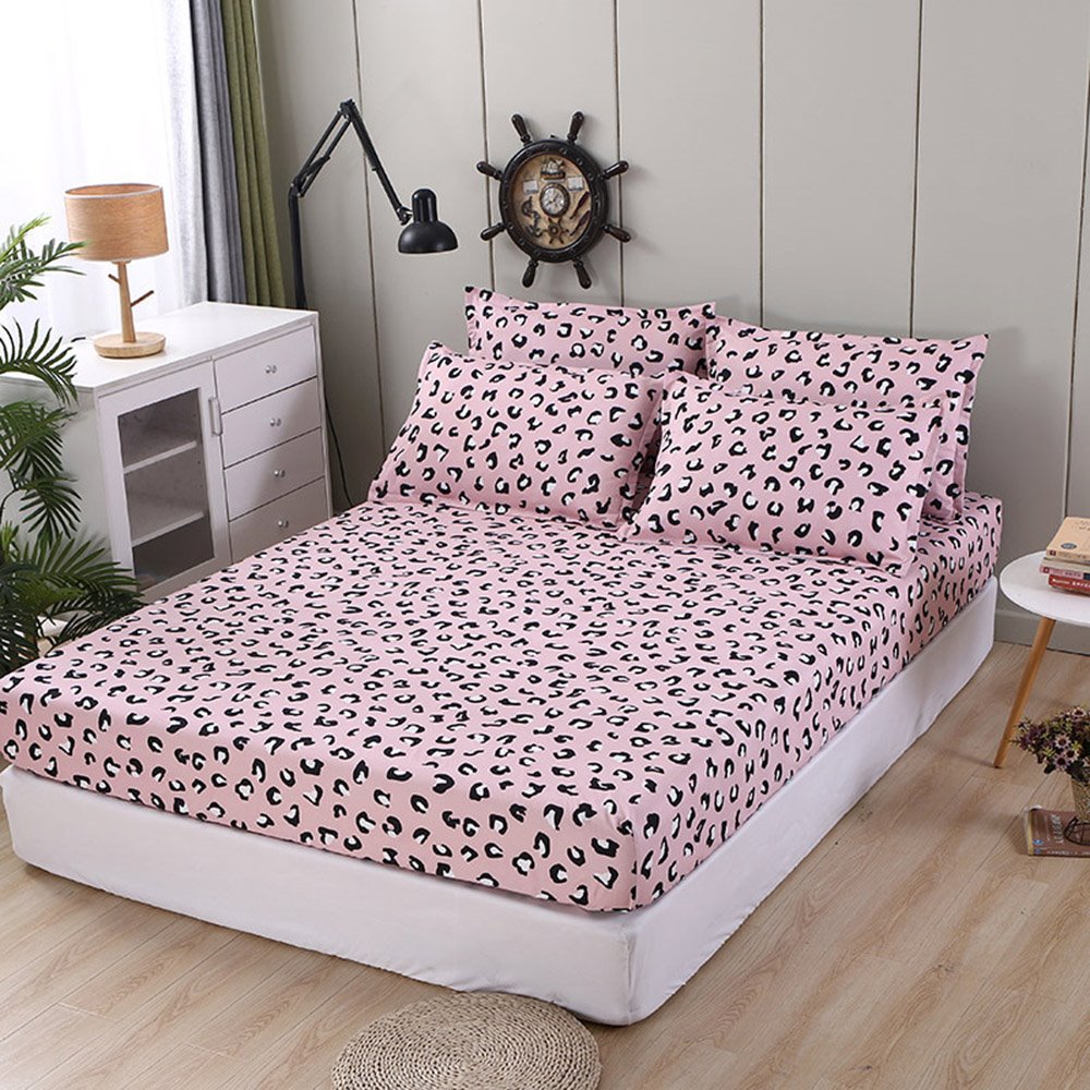 Pink Leopard Pattern Fitted Sheet 1-Piece Non-Fade Breathable Soft Polyester Bed Cover Mattress Cover - Image 4