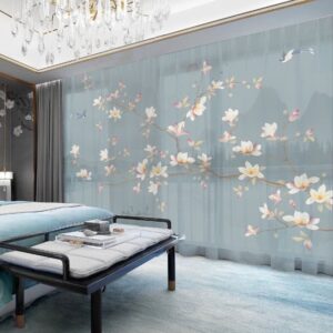 Blue 3D Printed Floral Sheer Curtains for Living Room Bedroom Decoration No Pilling No Fading No off-lining Polyester 30% Shading Rate 2 Panels