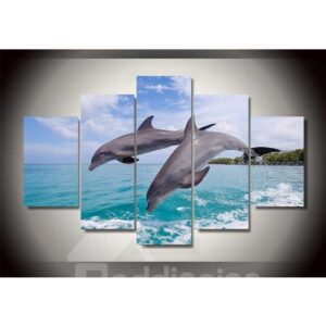 Jumping Dolphins into Sea Hanging 5-Piece Canvas Eco-friendly and Waterproof Non-framed Prints