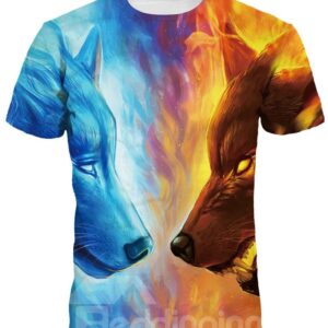 Blue Red Fire Wolf Short Sleeve Round Neck 3D Painted T-Shirt