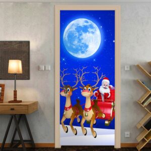 Christmas 3D Door Murals Cartoon Santa Claus Deer Moon Blue Wall Decorations PVC Not Fade Waterproof Removable Door Cover