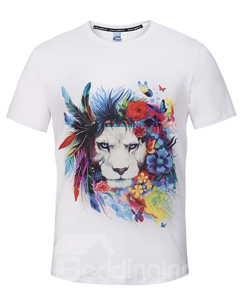 Cute Round Neck Lion with Garland Pattern White 3D Painted T-Shirt - Image 3