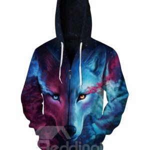 3D Blue Wolf with Tear Pattern Men Sweater Long Sleeve Zipper Cool Hoodies