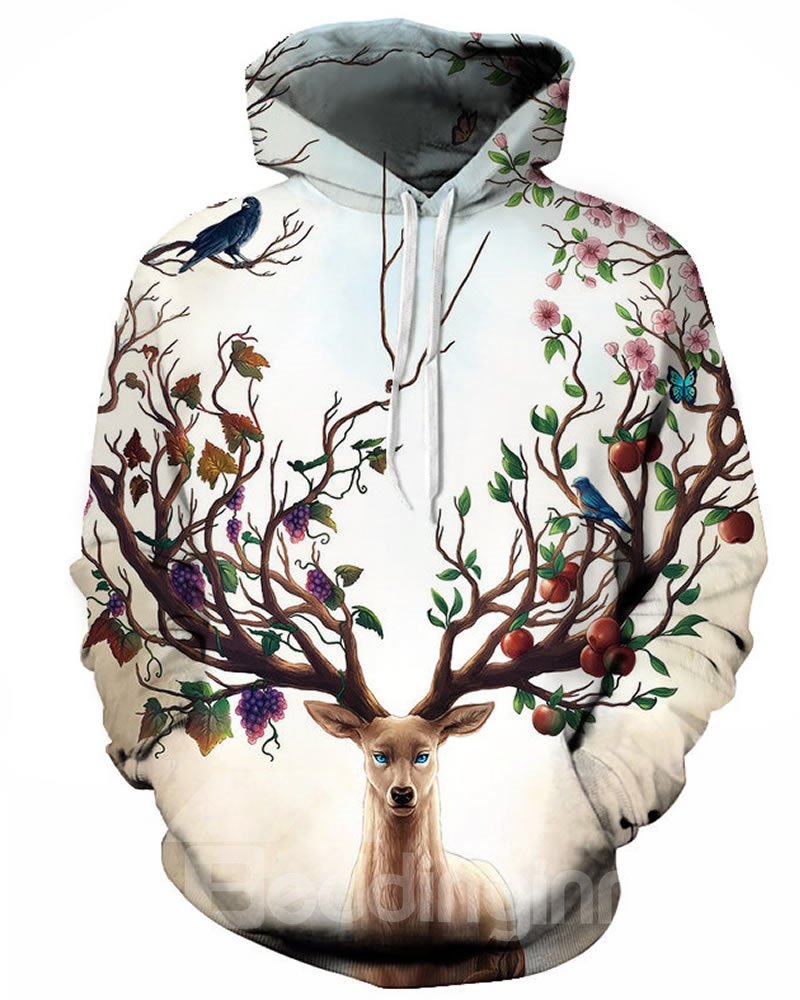 Long Sleeve Floral Deer Tree Pattern 3D Painted Hoodie - Image 3