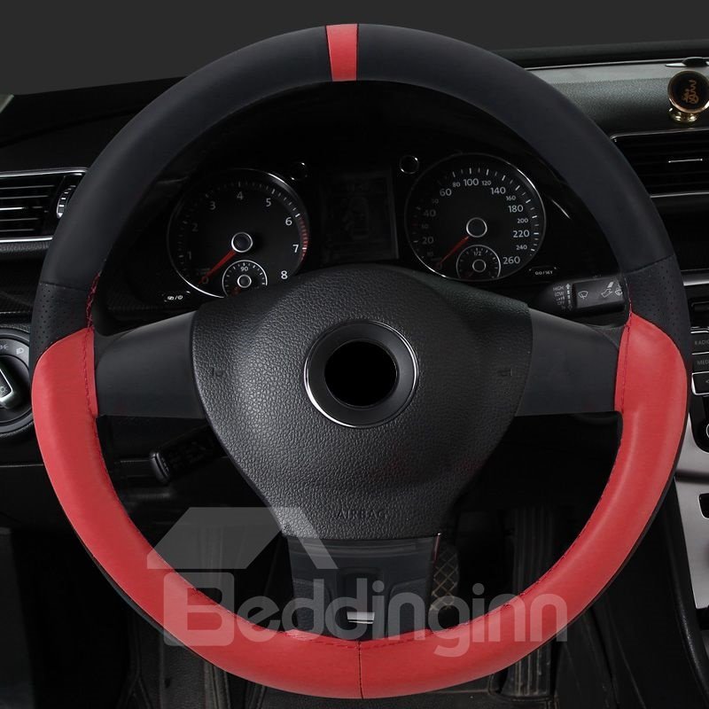 Pure Color Textured Genuine PU Leather Hand-stitched Steering Wheel Cover