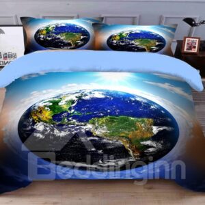Fade Resistant And Hard-wearing Blue Earth Printed 4-Piece 3D Galaxy Bedding Sets/Duvet Covers