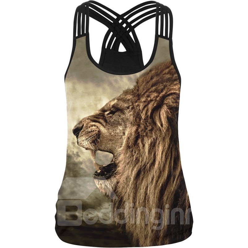 Lion Roar Face 3D Pattern Round Neck Sleeveless Vest Tank Top - Image 2