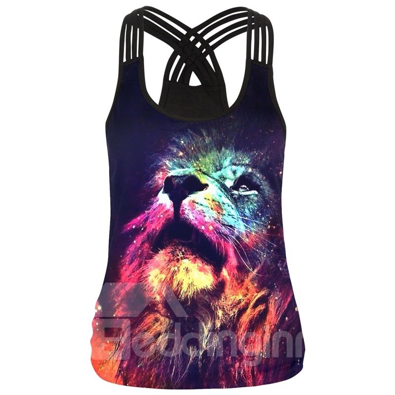 3D Painting Color Lion Face Pattern Round Neck Sleeveless Tank Top - Image 3
