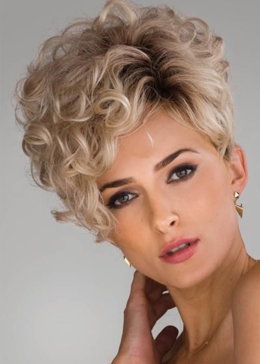 Curly Synthetic Hair Lace Front Cap Women 120% 8 Inches Wigs Heat Resistant Natural Looking Daily Party Wigs Cosplay Wigs with Natural Bangs with Free Wig Cap