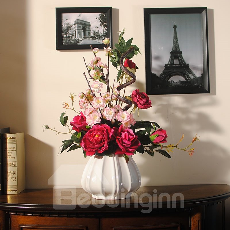 Romantic Red Roses and Pink Cherry Blossoms Elegant Home Decorative Flower Set