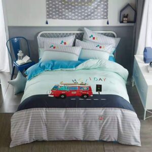 4 PCS Duvet Cover Set Happy Holidays Bus Cotton Bedding Sets Gifts for Boys Bedroom