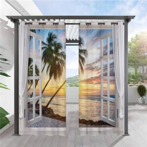 Modern 3D Scenery Outdoor Curtains Sunset Coconut Tree Cabana Grommet Top Curtain Waterproof Sun-proof Heat-insulating 2 Panels